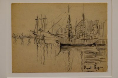 帆船、ナルシス・プーゲ・リカー、木炭画、プーゲ美術館、カン・ローディスの貴族の家、ダルト・ビラ、イビサ島、スペイン、バレアリック諸島 作： Puget Riquer
