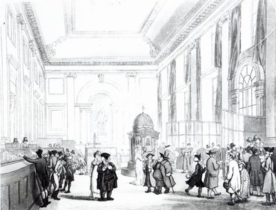 イングランド銀行、グレートホール、アッカーマンの「ロンドンの小宇宙」、1809年（アクアチント） 作： Pugin and Rowlandson