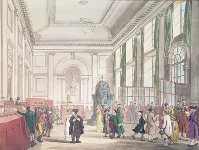 イングランド銀行、グレートホール、アッカーマンの「ロンドンの小宇宙」、1809年（アクアチント） 作： Pugin and Rowlandson