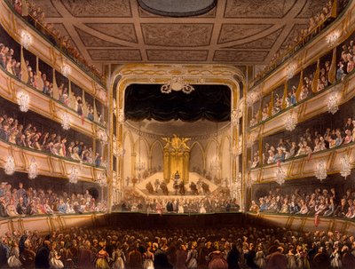 コベントガーデンシアター、ロンドンの小宇宙、Rアッカーマン作、1808年（手彩色のアクアチント） 作： Pugin and Rowlandson