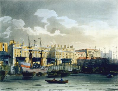 ジョンブルック（fl.1791-1819）、1808（アクアチント）によって彫刻されたアッカーマンの「ロンドンの小宇宙」からのテムズ川のカスタムハウス 作： Pugin and Rowlandson