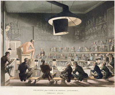 ロイヤルアカデミーでの生活からの描画（色付き彫刻） 作： Pugin and Rowlandson