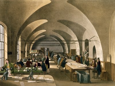 アッカーマンのロンドンの小宇宙（アクアチント）のサマセットハウスの切手発行所 作： Pugin and Rowlandson