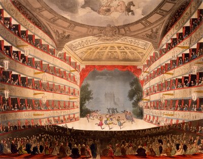 アッカーマンの「芸術のリポジトリ」からのオペラハウス、ロンドン、1809（手塗りのアクアチント） 作： Pugin and Rowlandson