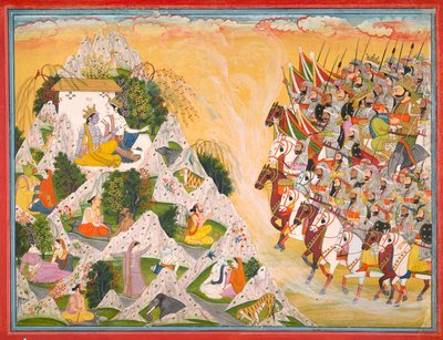 ジャラサンダの軍隊がクリシュナとバララーマに向かって前進、マハーバーラタのフォリオ 1800 年から 1815 年。 作： Purkhu