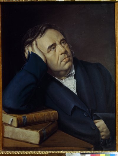 fabulist Ivan A. Krylov (1769-1844) の肖像 (fabulist I.A. Krylov の肖像)。 Pyotr Alexeevich Olenin (1828-1855) の作品、紙にパステル 作： Pyotr Alexeevich Olenin