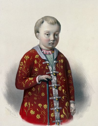 ロシア大公ドミトリー・アレクセーヴィッチ (1648-1649) (ロシアのツァレヴィッチ・ドミトリー・アレクセーヴィッチ)。 ピョートル フョードロヴィッチ ボレル (1829-1898) の作品、1860 年頃のリトグラフ。19 世紀のロシア美術、新古典主義。 ロシア国立図書館、モスクワ。 作： Pyotr Fyodorovich Borel