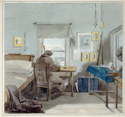 職場で。 Pavel Nashchokin (1801-?) の家 (モスクワ)。 （職場で。Pavel Nashchokin Houseで）。 ピョートル (ピョートル) フョードロヴィチ ソコロフ (ピエール ソコロフ) (1791-1848) の作品、紙に水彩 作： Pyotr Fyodorovich Sokolov