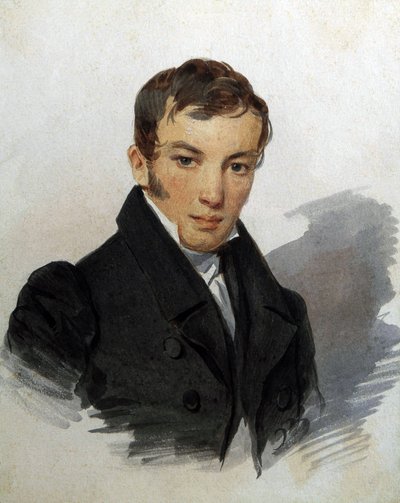 Vasily Joukovski (1783-1852)、ロシアの詩人の肖像 (詩人の Vasily Zhukovsky の肖像)。 Piotr (Pyotr) Fiodorovitch Sokolov (Peter Sokolov) (1791-1848) の作品、1820 年頃。紙に水彩。 サンクトペテルブルク、美術館 A. プーシキン記念美術館 作： Pyotr Fyodorovich Sokolov