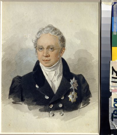 チャールズ ロベルト デ ネッセルローデ伯爵 (カール ロベルト フォン ネッセルローデ) の肖像 (1780-1862)。 (K.R. ネッセルローデ伯爵の肖像)。 ピョートル (ピョートル) フョードロヴィチ ソコロフ (ピエール ソコロフ) (1791-1848) の作品、紙に水彩、1829 年以降。ロシア美術 19 世紀 作： Pyotr Fyodorovich Sokolov