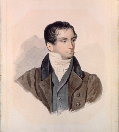 詩人ディミトリ (ドミトリ) ヴェネヴィチノフ (1805-1827) の肖像画。 Pyotr (Piotr) Fyodorovich Sokolov (Pierre Sokolov) (1791-1848) によるアートワーク、紙に水彩 作： Pyotr Fyodorovich Sokolov