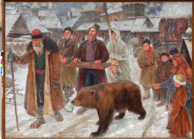 「スコモロフの歌」（スコモロフの歌） ロシアの巡回パフォーマー、クマの調教師 ピョートル・イワノビッチ・サブボティン（ペルミヤク）による絵画（1886-1923） 作： Pyotr Ivanovich Subbotin