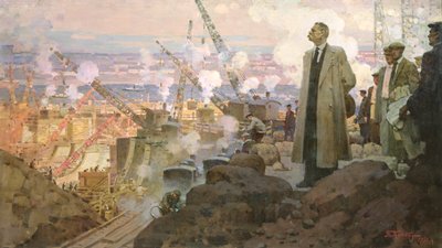 マキシム・ゴーリキー（1868-1936）、水力発電所「ドニエプロゲス」建設にて 作： Pyotr Ivanovich Kotov