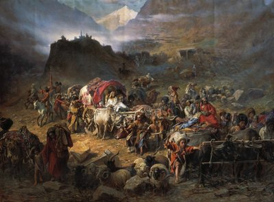登山家は1872年にロシア軍が近づく前にアウラを離れます 作： Pyotr Nikolayevich Grusinsky