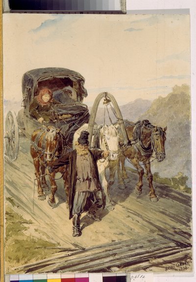 トロイカ (3 頭の馬が引くロシアの馬車)。 ピョートル (ピョートル) ペトロヴィッチ ソコロフ (1821-1899) の作品、紙に水彩 作： Pyotr Petrovich Sokolov