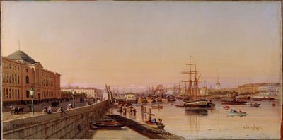 サンクトペテルブルクの芸術アカデミー近くのネヴァ川堤防での夏の夜。 Pyotr Petrovich Vereschagin (Vereshchagin、Vereshchagin) (1836-1886) による絵画、キャンバスに油彩、1870 年頃。 ロシア美術 作： Pjotr ​​​​Petrowitsch Wereschtschagin