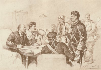 1917年、1939年、スモリーでレッドガードと話すレーニンとスターリン。 作： Pyotr Vasilyev