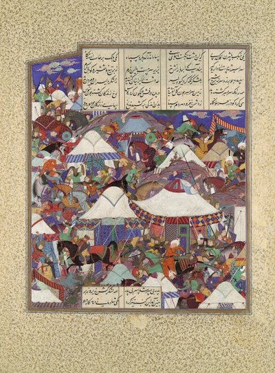 夜に襲われた取り憑かれたイランのキャンプ、シャーナマからのフォリオ241r...、ca。 1525-30。 作： Qadimi