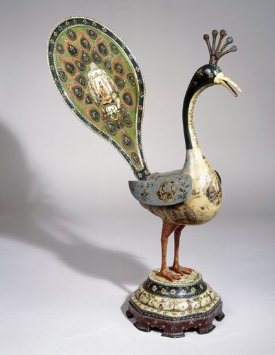 花のデザインで描かれたガージャール朝の孔雀と、19世紀の廷臣を描いた絵のカルトゥーシュ 作： Qajar School