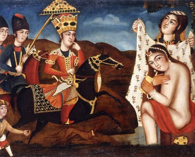 Khusraw Discovering Shirin Bathing、c。 1840 作： Qajar School