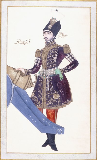 ナシル・アル・ディン・シャーの肖像、大砲で休む手、c。 1853-4 作： Qajar School