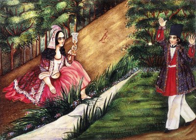 青年は小川で少女にやって来ます。1863-4年 作： Qajar School