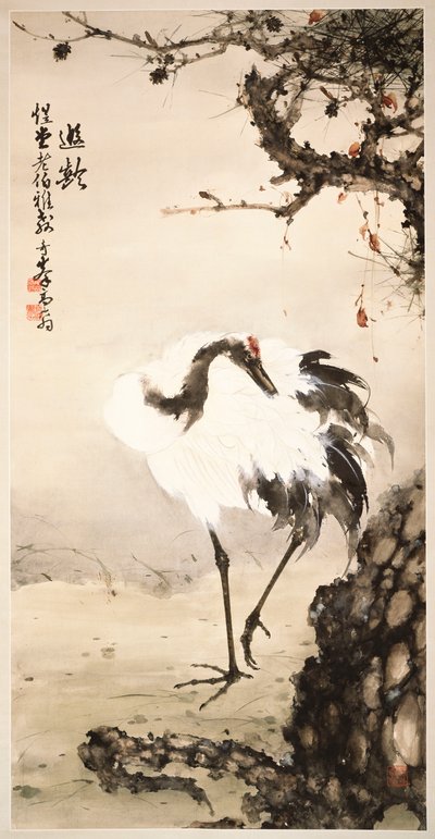 松の木の下のクレーン（紙に掛軸、インク、色） 作： Qifeng Gao