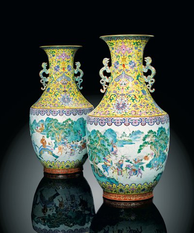 帝国のファミーユローズの花瓶（陶磁器）のペア 作： Qing Dynasty   Jiaqing Period Chinese School