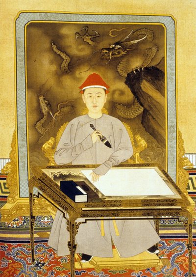 Heng Tsu または Kangxi、彼のライティング デスクで中国の皇帝 作： Qing Dynasty   Kangxi Period Chinese School
