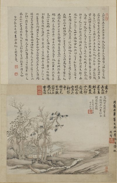 マウンテンスタジオの学者（紙にインクと色） 作： Qing Dynasty Chinese School