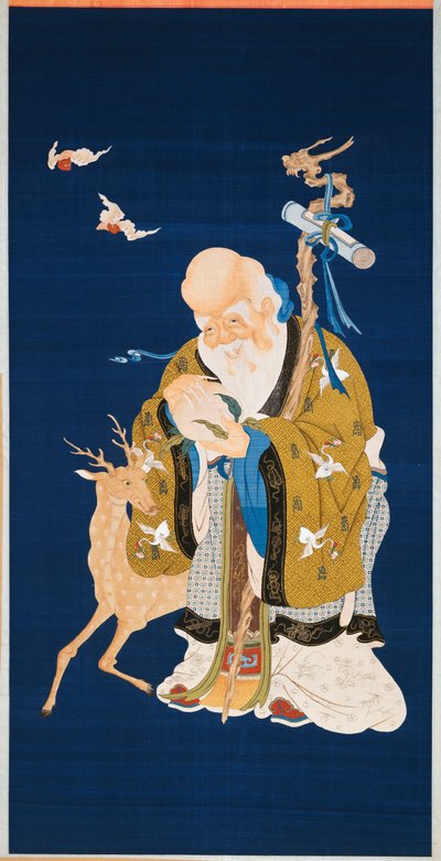1796年から1820年にかけて、鹿を横にした竜頭とシカと2匹のコウモリの横に根材のスタッフを抱きしめて、桃を持っているShoulaoを描いた大きなケシ吊り巻 作： Qing Dynasty Chinese School