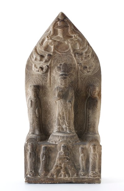 先の尖った背景の前に蓮の台座に安堵の仏教三位一体 作： Qing Dynasty Chinese School