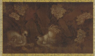 牡丹低木の近くの鶏、鶏、鶏（シルクパネルのインクと色） 作： Qing Dynasty Chinese School