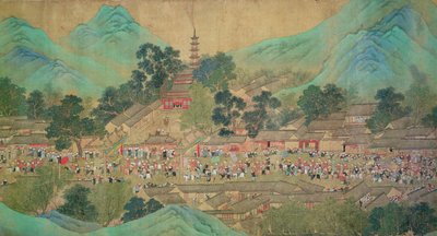 Chaio Ping Chen (1661-1722) の後、1699 年に康熙帝が江漢を訪れた (裏地がシルクの紙にインクとカラー) 作： Qing Dynasty Chinese School