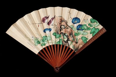 小鳥と朝顔で飾られた扇子（紙にインクと色） 作： Qing Dynasty Chinese School
