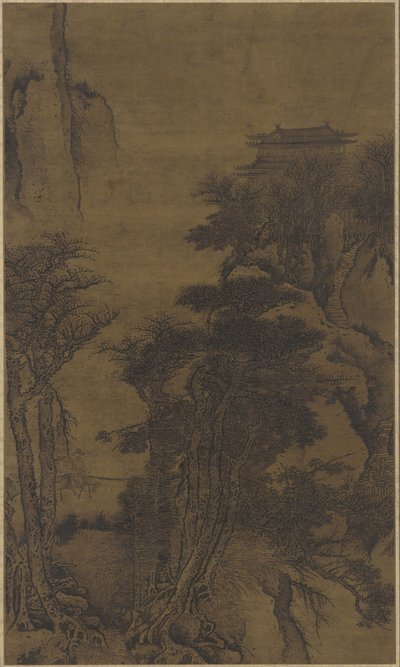 寺院と旅行者のいる風景 作： Qing Dynasty Chinese School