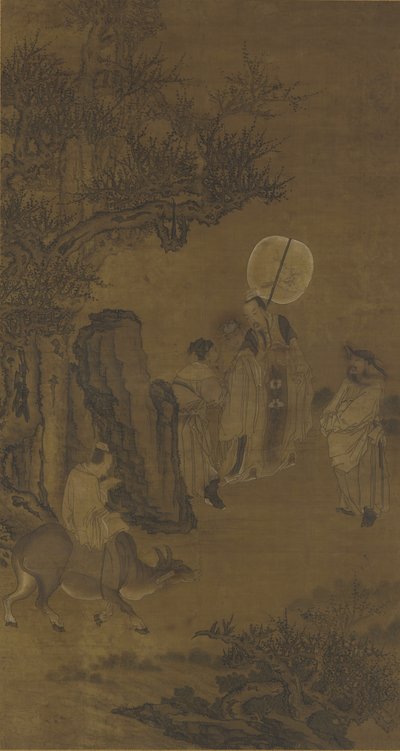 ヤンス首相と学者時代の若者、17〜18世紀（シルクパネルのインクと色） 作： Qing Dynasty Chinese School