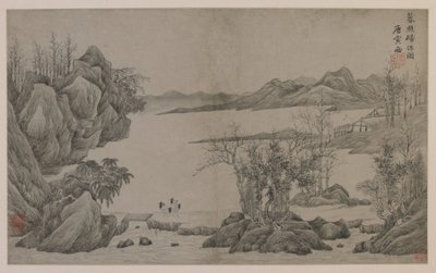 河川景観と木を集める人（紙にインク） 作： Qing Dynasty Chinese School