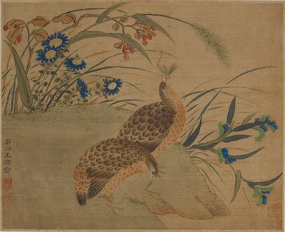 花の下でバッタを食べる2つのウズラ 作： Qing Dynasty Chinese School