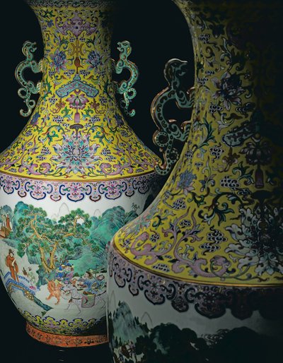 帝国のファミーユローズの花瓶（陶磁器）のペア 作： Qing Dynasty   Jiaqing Period Chinese School