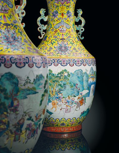 帝国のファミーユローズの花瓶（陶磁器）のペア 作： Qing Dynasty   Jiaqing Period Chinese School