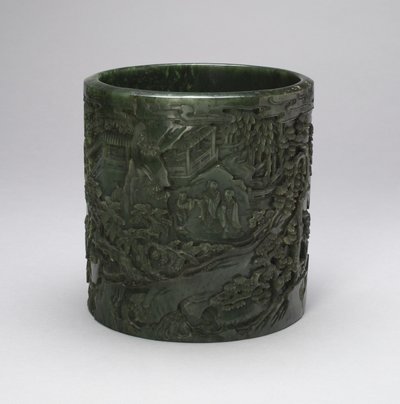 山岳風景の中の学者と付き添いのブラシポット（彫刻が施された翡翠） 作： Qing Dynasty Chinese School