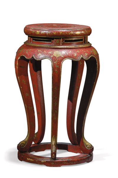 Jardinière（ゴールド、ブラウン、グリーンのディテールが施された赤のラッカー仕上げ） 作： Qing Dynasty Chinese School