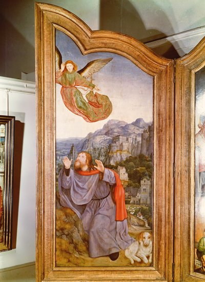 聖なる親族、または聖アンの祭壇画、1509年のヨアヒムへの受胎告知を描いた左パネルの詳細 作： Quentin Massys or Metsys