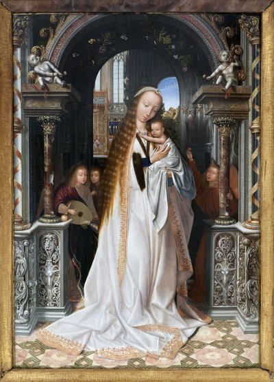 天使に囲まれた聖母子、Quentin Metsys (1466-1530) の絵画、写真、KIM Youngtae、リヨン、Musee des Beaux Arts de Lyon。 作： Quentin Metsys