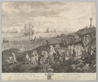 Scheveningen Vente de Poisson a Schevelinghe [sic] で絵を描いた後、魚を売る.... 作： Quentin Pierre Chedel