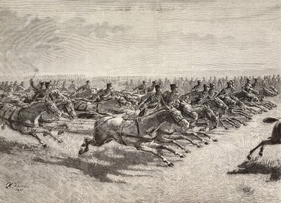 全速力で通過するイタリア軍の馬砲隊、イタリア・ロンバルディア州、クイント・チェンニの図面からのエングレーヴィング、『L
