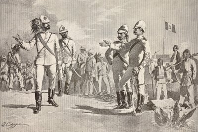 アフリカのイタリア軍の軍服を着たイタリア人と地元の兵士、エリトリアのマッサワ、クイント・チェンニの絵からのエングレーヴィング、L
