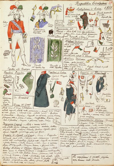 1801年からのチサルピーネ共和国時代の軍服。カラー図版：Cenni Quinto 作： Quinto Cenni