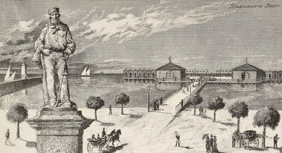 イタリアの政治家・愛国者ジュゼッペ・ガリバルディ（1807-1882）を記念したモニュメントとその背景にある浴場（イタリア・チェゼナーティコ市 作： Quinto Cenni